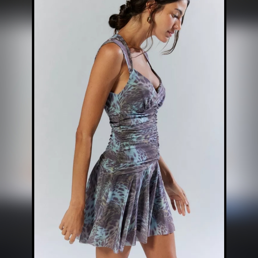 NWOT UO Silence + Noise Tish Cheetah Mesh Drop Waist Open Back Mini Dress M